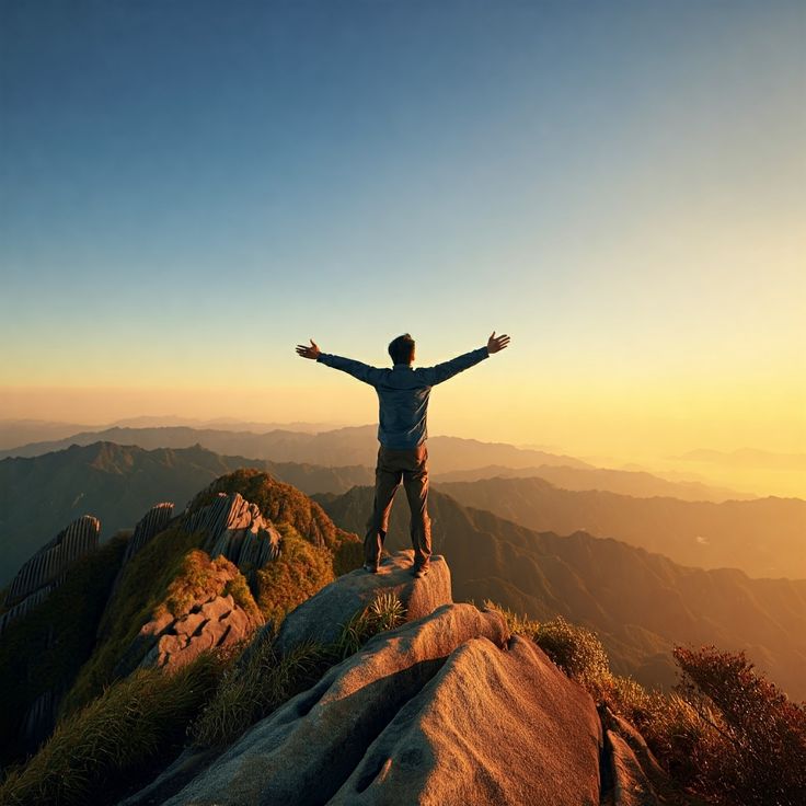 Pessoa no alto de uma montanha ao amanhecer, representando a tranquilidade de quem entendeu seus direitos previdenciários